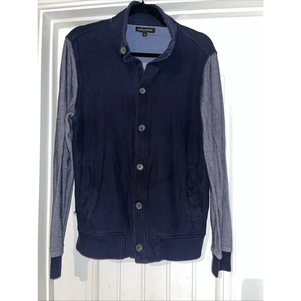 Banana Republic Men's M Cardigan Mock Collar Preppy Navy Knit/Cotton Lightweight